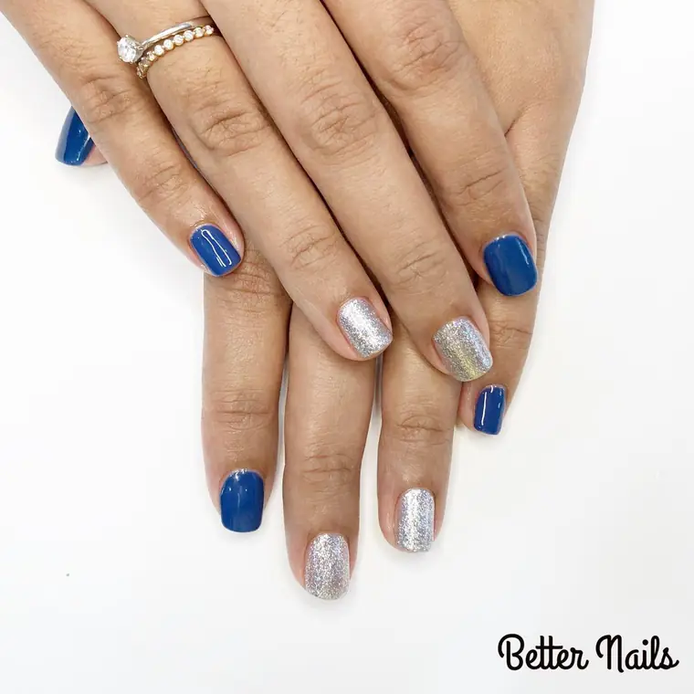 Royal blue gel with silver glitter accent nails